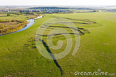 Beautiful grazing at river floodplain. Aerial drone view from above Stock Photo