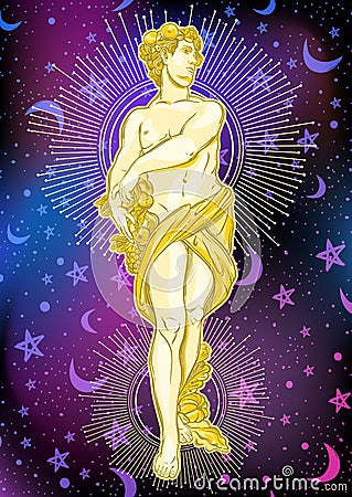 Beautiful Greek god on space background. The mythological heroine of ancient Greece. Outer space vector illustration. Vector Illustration