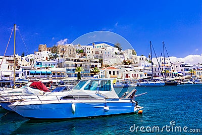 Beautiful Greek island - Naxos, view of marina and Chora village Stock Photo