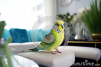 Beautiful green budgerigar sitting on sofa in living room Stock Photo