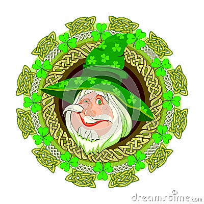 Beautiful green decoration with shamrock and funny old man. St. Patrick day symbol. Irish ethnic drawing. Celtic knot pattern. Vector Illustration