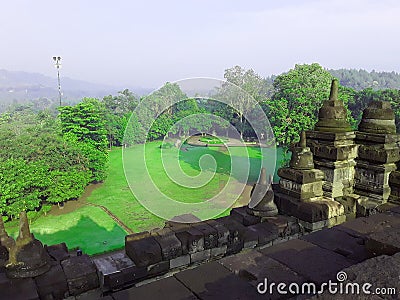 Beautiful Green Grass, Side of borobudur temple, great culture Stock Photo