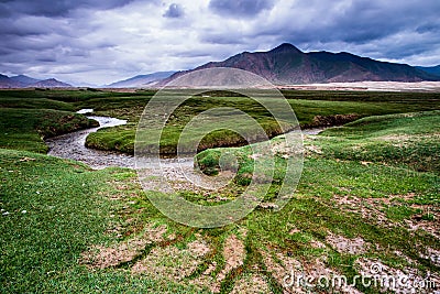 Beautiful green grassland and river highland Landscape in China Tibet Stock Photo