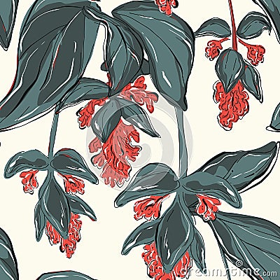 Beautiful green leves and red flowers vintage Floral pattern. Tropical exotic bloom botanical Motifs vertical print. Seamless Vector Illustration