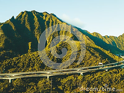 Beautiful green mountains in Hoâ€™omaluhia Botanical Garden in Hawaii Stock Photo
