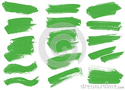 Beautiful green paint smear brushe. Set of green brushes Stock Photo