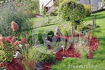 Beautiful green rural garden with fruit trees and decorative bushes Stock Photo