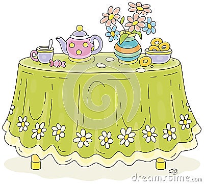 Round table with a tea set and flowers Vector Illustration