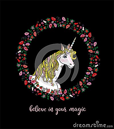 Beautiful greeting card with white unicorn embraced with floral wreath isolated on black background. Vector illustration Vector Illustration