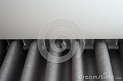 Beautiful grey curtain in daylight. Cozy room in home. Stock Photo