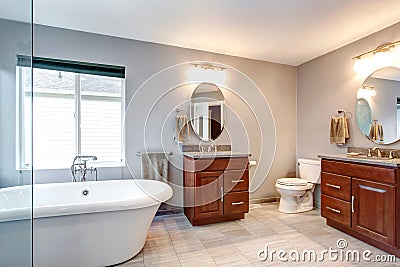 Beautiful grey new luxury modern bathroom interior. Stock Photo