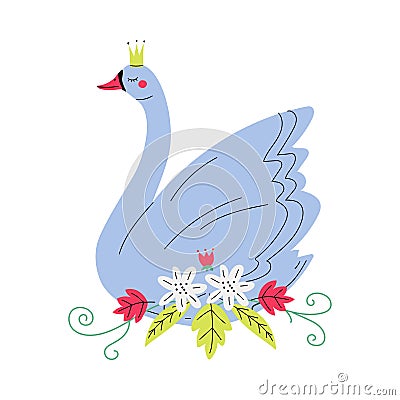 Beautiful Grey Swan Princess with Golden Crown, Lovely Fairytale Bird with Flowers Vector Illustration Vector Illustration