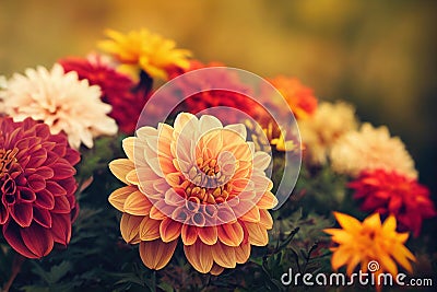 Beautiful growing bright chrysanthemum flowers close up background decoration. Stock Photo