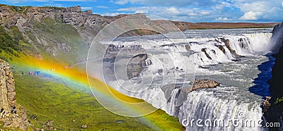 Beautiful Gullfoss waterfall and rainbow on a sunny day Stock Photo