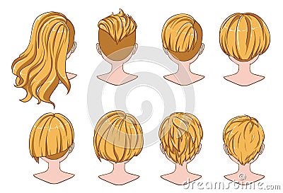 Beautiful hairstyle of woman hair. Rear view. modern fashion for assortment. long hair, short red hair salon hairstyles and trendy Vector Illustration