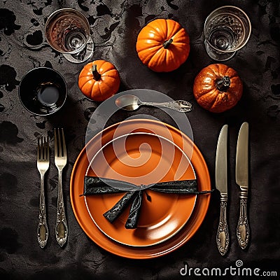 Halloween party table setting flat lay in black Generative AI Stock Photo