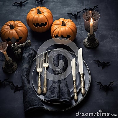 Halloween party table setting flat lay in black Generative AI Stock Photo