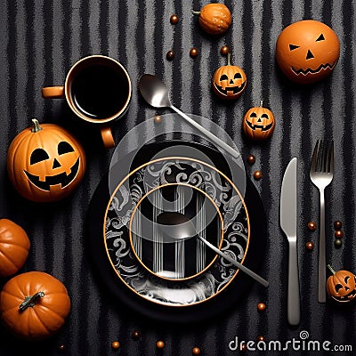 Halloween party table setting flat lay in black Generative AI Stock Photo