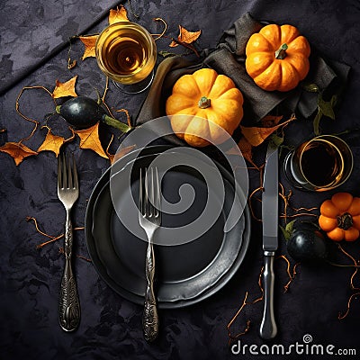 Halloween party table setting flat lay in black Generative AI Stock Photo