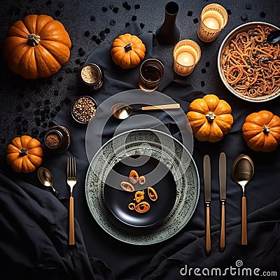 Halloween party table setting flat lay in black Generative AI Stock Photo