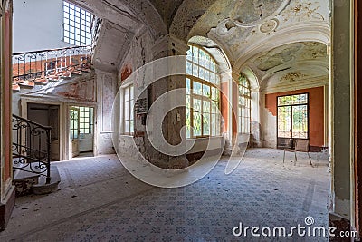 Beautiful hallway in abandoned villa in southern Switzerland Editorial Stock Photo
