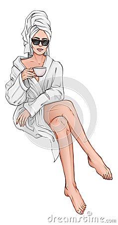 Beautiful hand brunette woman with cup of tea in white robe. Young woman with cup coffee art on white background. Girl in white Cartoon Illustration