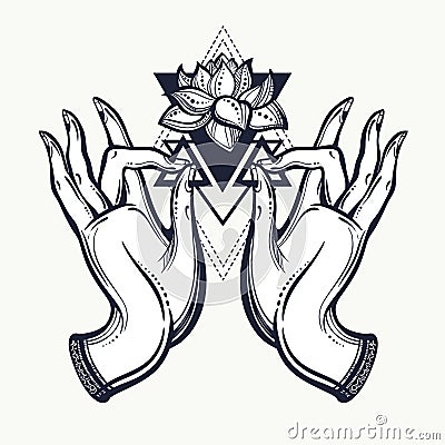 Beautiful hand-drawn Buddha hands with Lotus flower and sacred geometry. Isolated vector illustration. Tattoo, yoga, spirituality. Vector Illustration