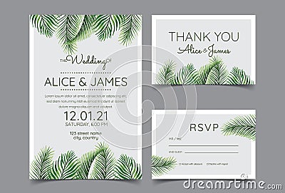 Beautiful hand drawn palm leaf natural wedding invitation cards. Includes invitation templates, RSVP, and thank you cards. Vector Vector Illustration