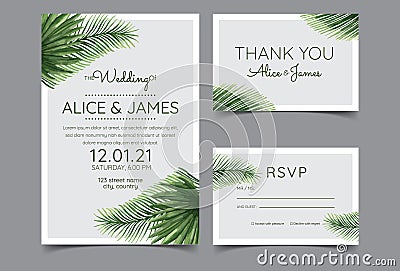 Beautiful hand drawn palm leaf natural wedding invitation cards. Includes invitation templates, RSVP, and thank you cards. Vector Vector Illustration