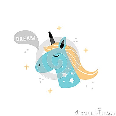 Beautiful hand-drawn Unicorn Face. Doodle cartoon illustration with text and magic. Vector Illustration