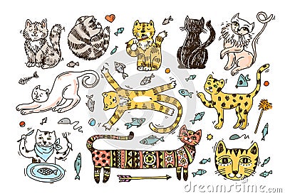 Beautiful hand drawn vector illustration cute cats. Vector Illustration