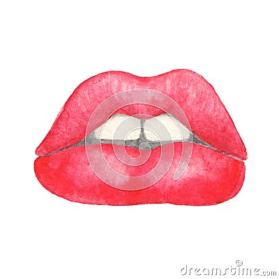 Beautiful hand drawn watercolor red lips design. Fashion illustration isolated on white background Cartoon Illustration