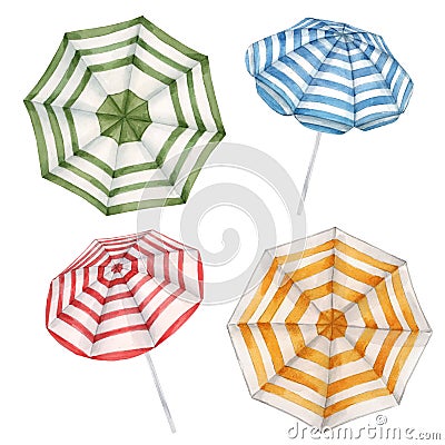 Beautiful watercolor set with beach sun umbrellas. Ready summer print for swimwear fabric. Stock Photo