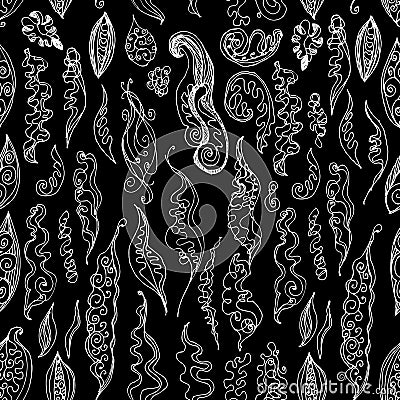 Beautiful Hand drawn wave seamless pattern isolated on black background white contour sketch modern abstract card ornament, banner Vector Illustration