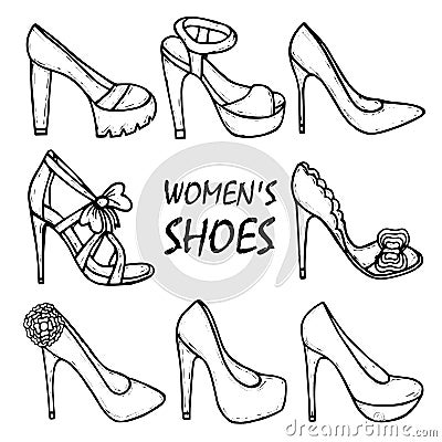 Beautiful hand drawn women's high heel shoes, sandals. Fashionable women's shoes. Vector Illustration