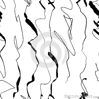 Beautiful hand-made abstract lines in simple minimalistic seamless pattern. Dry black ink brush and curve lines on white Vector Illustration