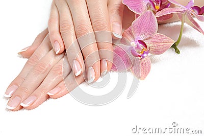 Beautiful hand with perfect nail french manicure Stock Photo