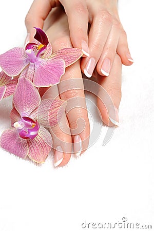 Beautiful hand with perfect nail french manicure Stock Photo