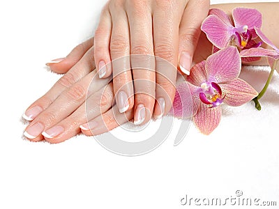 Beautiful hand with perfect nail french manicure Stock Photo