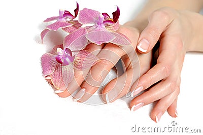 Beautiful hand with perfect nail french manicure Stock Photo