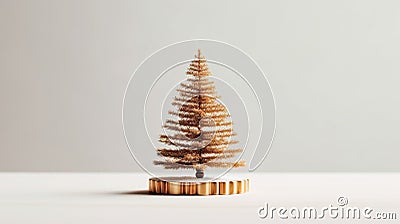 Beautiful handmade Christmas tree on wooden stand grey background. Zero waste environment friendly concept. Minimalist style. Stock Photo