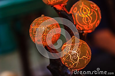 Beautiful handmade lantern lamp made from Strychnos nux-blanda A Stock Photo