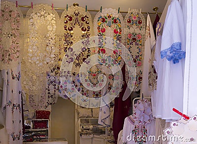 Beautiful handmade table cloth in gallery Stock Photo