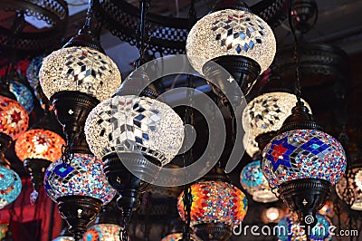 Beautiful handmade Turkish lamp in a bazaar. Stock Photo