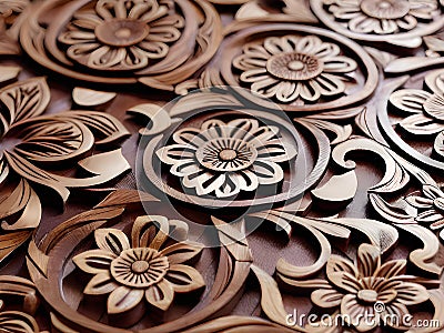 beautiful handmade wooden cut flowers on wooden background, Ai generated Stock Photo