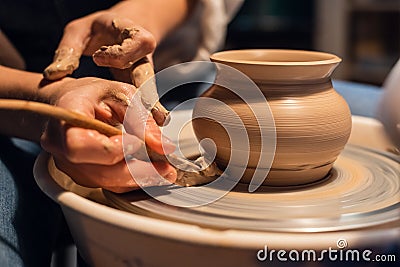 Beautiful hands of a young girl Potter in the process of sculpting a vase with clay and tools. Stock Photo