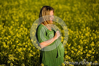 Beautiful and happy blonde expecting mother in green dress, smiles in the middle of a yellow flowery field. Stock Photo