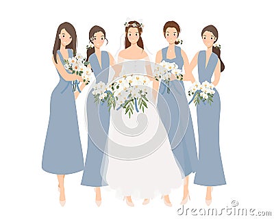 beautiful happy bride and bridesmaid in blue gown wedding ceremony Vector Illustration