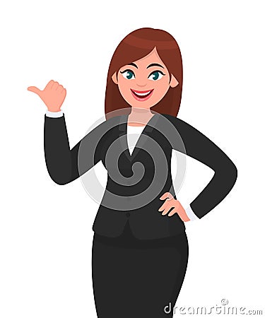 Beautiful happy business woman with formal suit pointing or showing thumb finger to copy space while standing. Vector Illustration