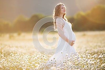 Beautiful happy pregnant girl on the field of daisy flowers in sunset lights Stock Photo